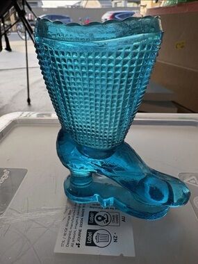 Vintage Diamond Patterned Light Blue Glass Tall Boot Roller Skate Figurine